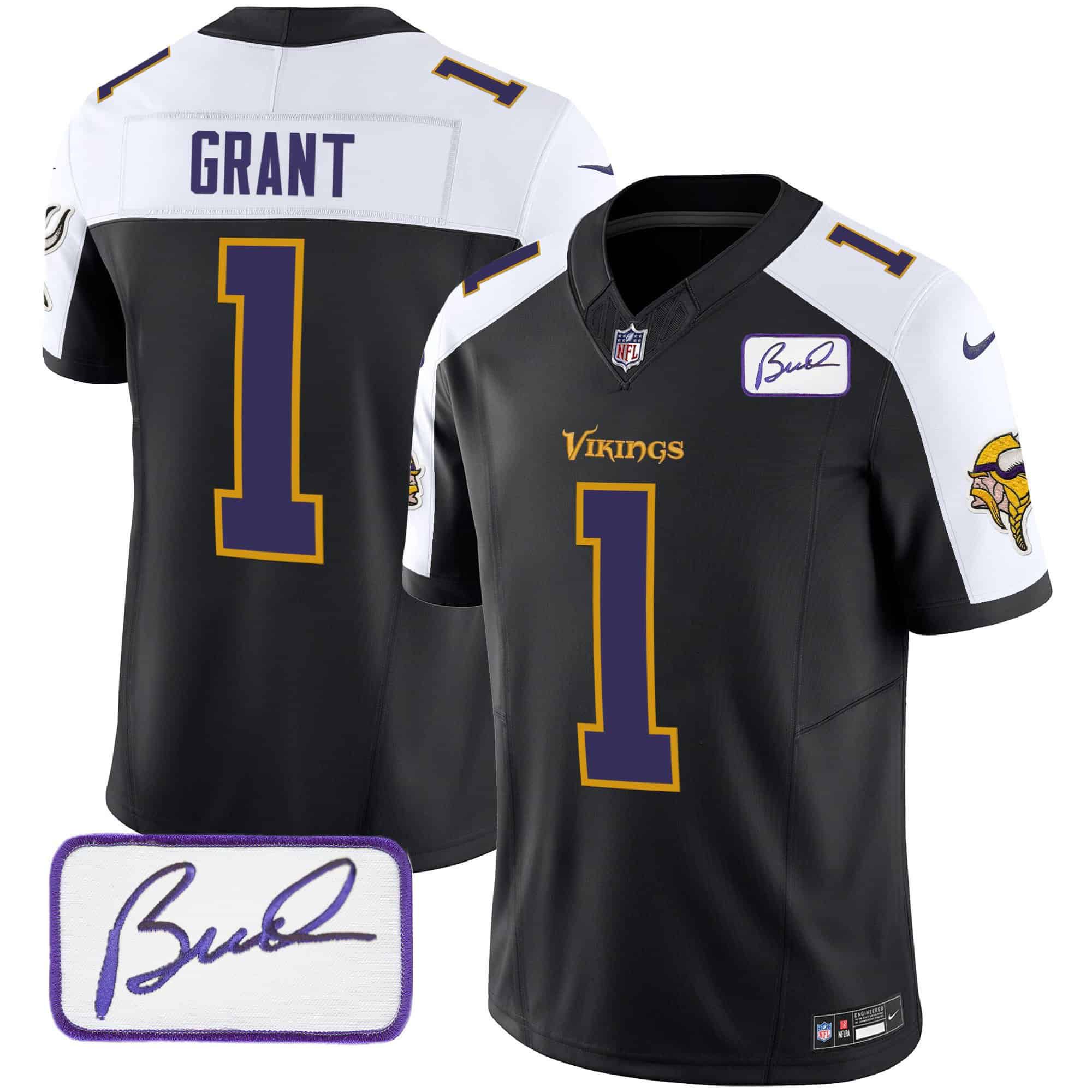 Men Minnesota Vikings 1 Grant Black 2024 Nike Bud Grant Patch Classic Limited NFL Jersey style 2